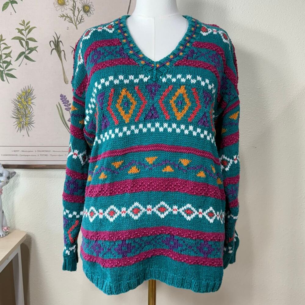 Vintage Hand Knit Aztec Pullover Sweater Retro Southwestern Coastal Cowgirl PL